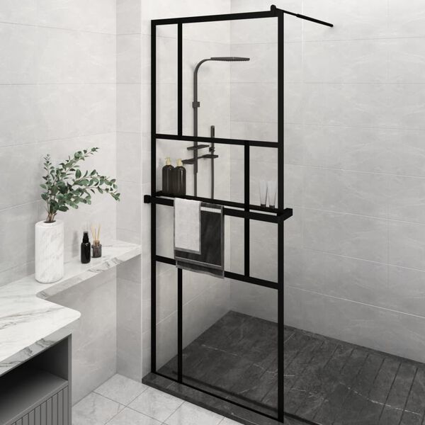 vidaXL Walk-in Shower Wall with Shelf Black 80x195 cm ESG Glass&Aluminium
