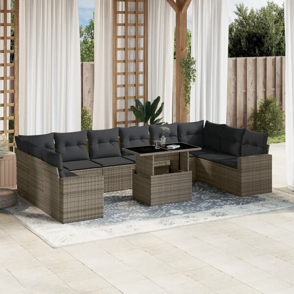 vidaXL 11 Piece Garden Sofa Set with Cushions Grey Poly Rattan
