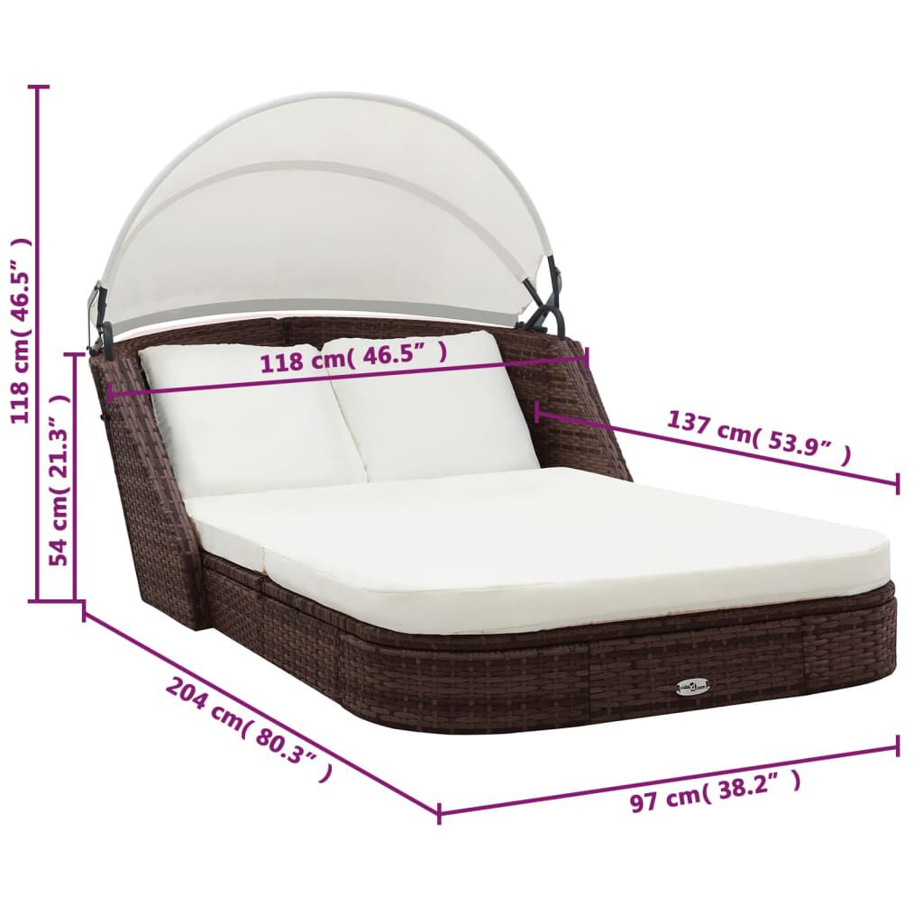 vidaXL Sun Lounger with Canopy Poly Rattan Brown
