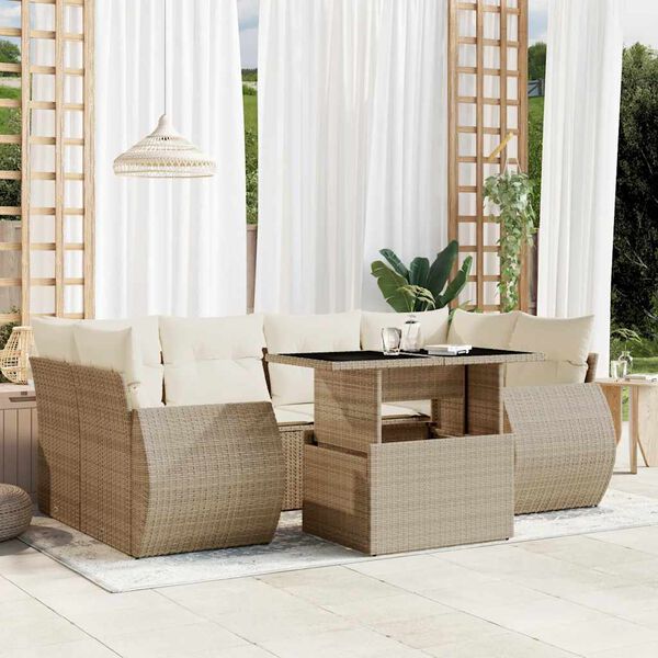 vidaXL 7 Piece Garden Sofa Set with Cushions Beige Poly Rattan