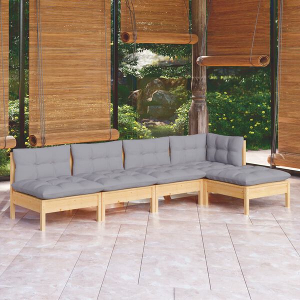 vidaXL 5 Piece Garden Lounge Set with Grey Cushions Pinewood