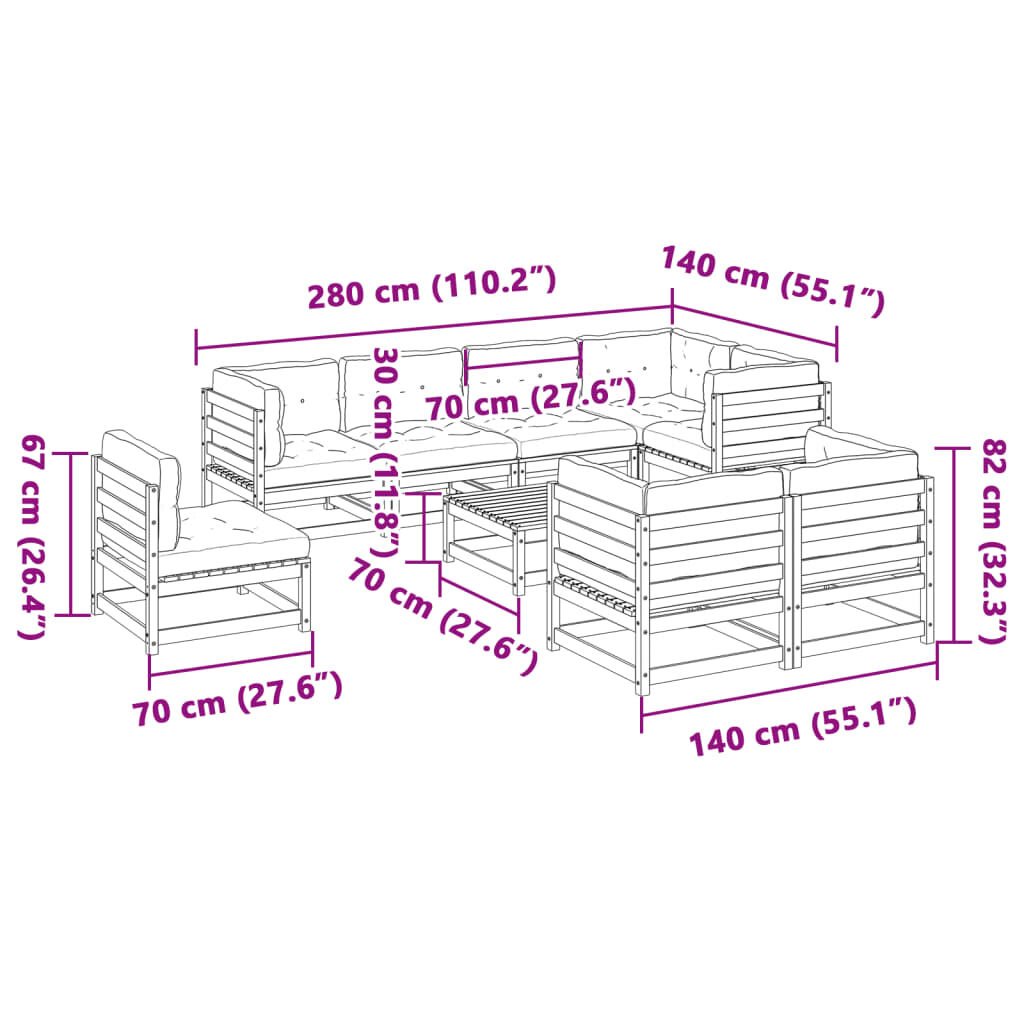 vidaXL 9 Piece Garden Sofa Set with Cushions Solid Wood Pine