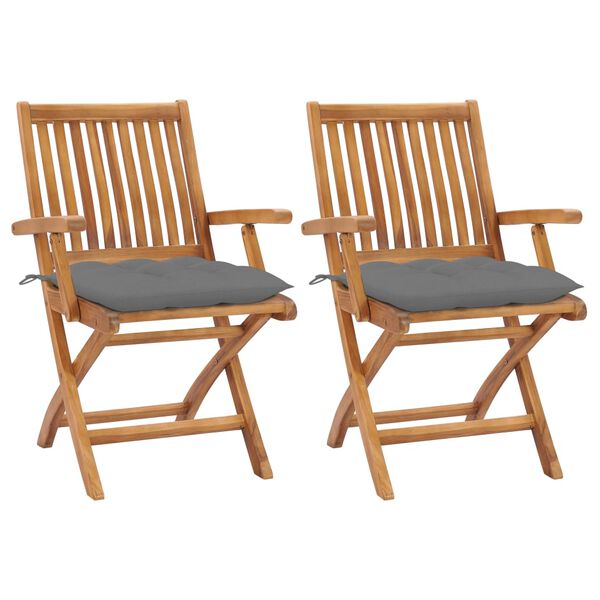vidaXL Garden Chairs 2 pcs with Grey Cushions Solid Teak Wood