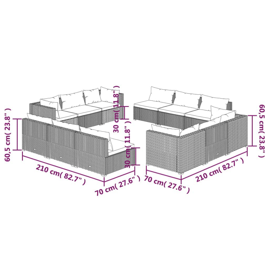 vidaXL 12 Piece Garden Lounge Set with Cushions Poly Rattan Black