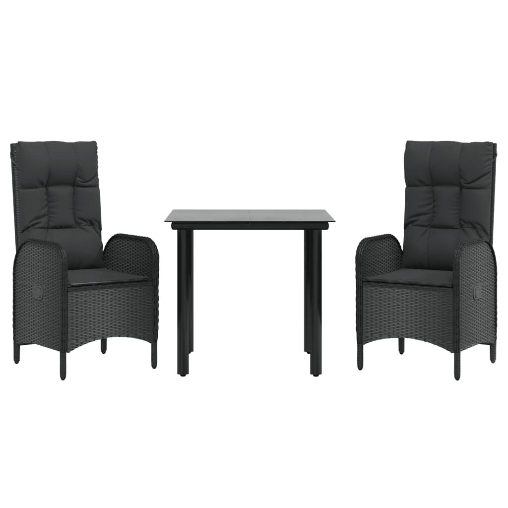 vidaXL 3 Piece Garden Dining Set with Cushions Black Poly Rattan