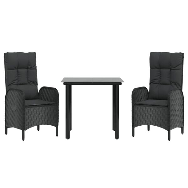 vidaXL 3 Piece Garden Dining Set with Cushions Black Poly Rattan