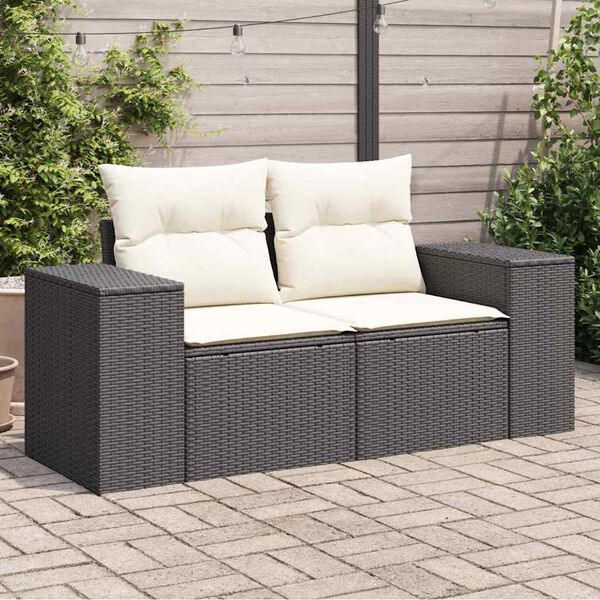 vidaXL Garden Sofa with Cushions 2-Seater Black Poly Rattan