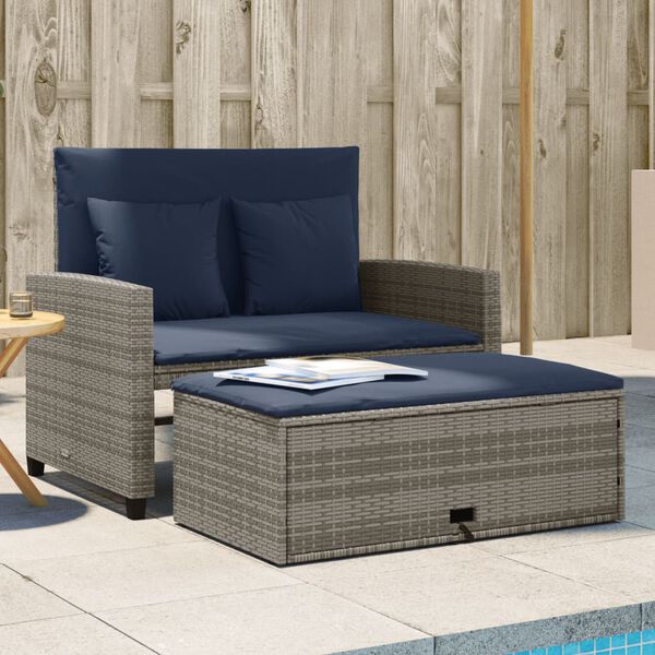 vidaXL Garden Sofa with Cushions 2-Seater Grey Poly Rattan