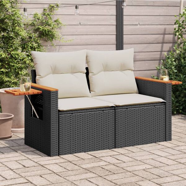 vidaXL Garden Sofa with Cushions 2-Seater Black Poly Rattan