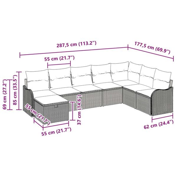 vidaXL 8 Piece Garden Sofa Set with Cushions Grey Poly Rattan