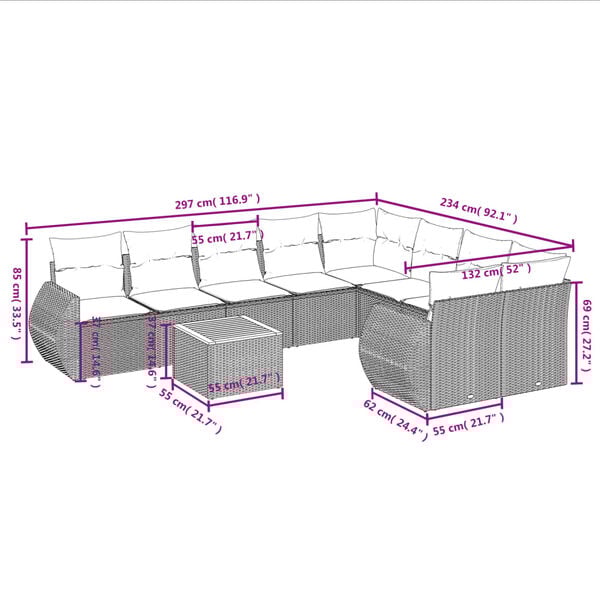 vidaXL 10 Piece Garden Sofa Set with Cushions Grey Poly Rattan
