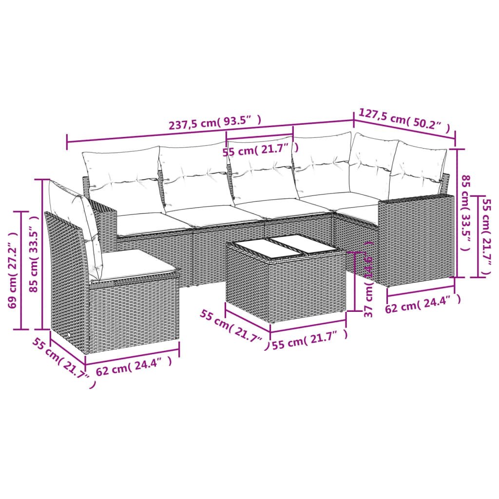 vidaXL 7 Piece Garden Sofa Set with Cushions Beige Poly Rattan