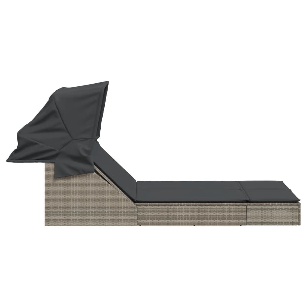 vidaXL Double Sun Lounger with Canopy and Cushions Grey Poly Rattan