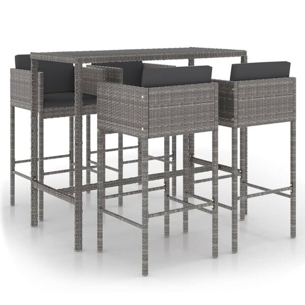 vidaXL 5 Piece Garden Bar Set with Cushions Poly Rattan Grey