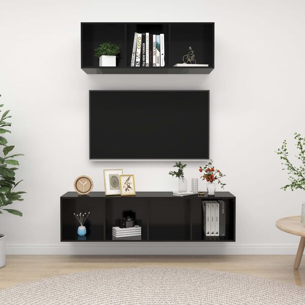 vidaXL 2 Piece TV Cabinet Set High Gloss Black Engineered Wood