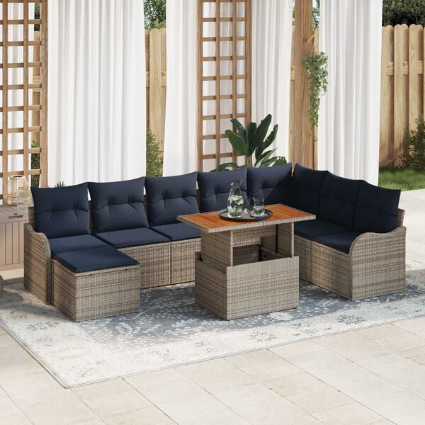 vidaXL 9 Piece Garden Sofa Set with Cushions Grey Poly Rattan Acacia
