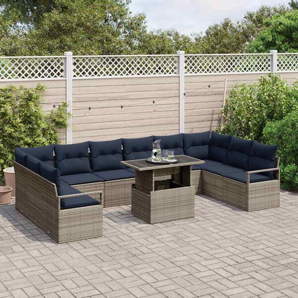 vidaXL Garden Sofa Set 11 pcs Grey and Navy Blue Poly Rattan