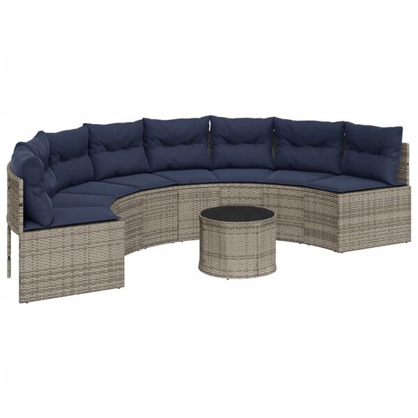 vidaXL Garden Sofa with Table and Cushions Half-Round Grey Poly Rattan