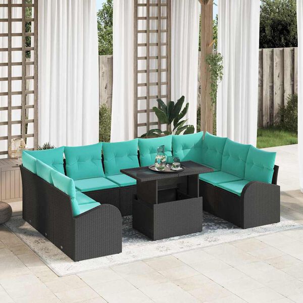 vidaXL Garden Sofa Set with Storage 10 pcs Black Poly rattan