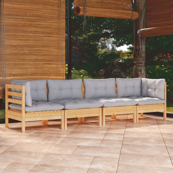 vidaXL 4 Piece Garden Lounge Set with Grey Cushions Solid Pinewood
