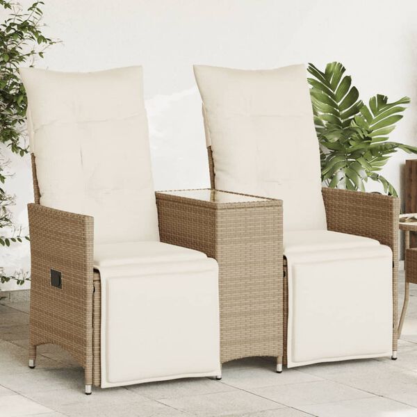 vidaXL Reclining Garden Sofa 2-Seater with Table Beige Poly Rattan