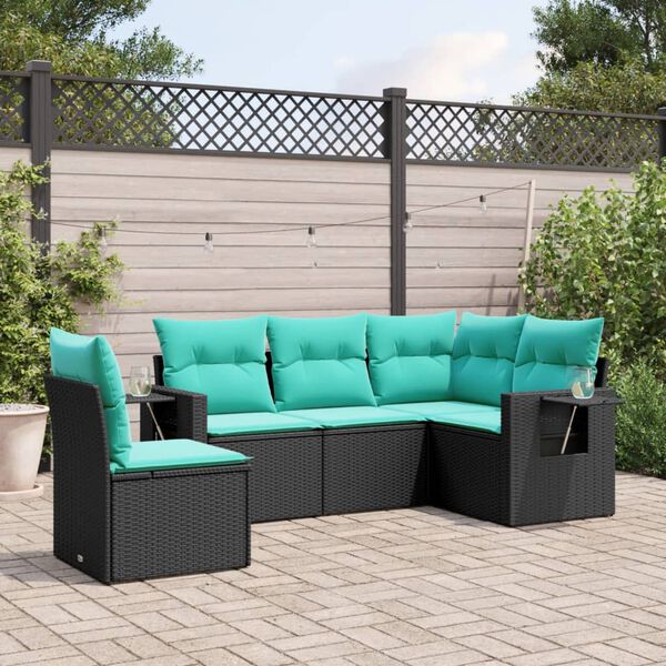 vidaXL 5 Piece Garden Sofa Set with Cushions Black Poly Rattan