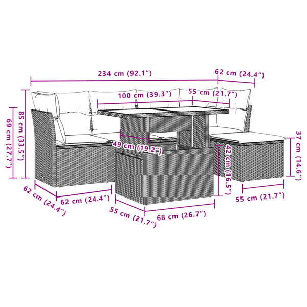 vidaXL 6 Piece Garden Sofa Set with Cushions Brown Poly Rattan