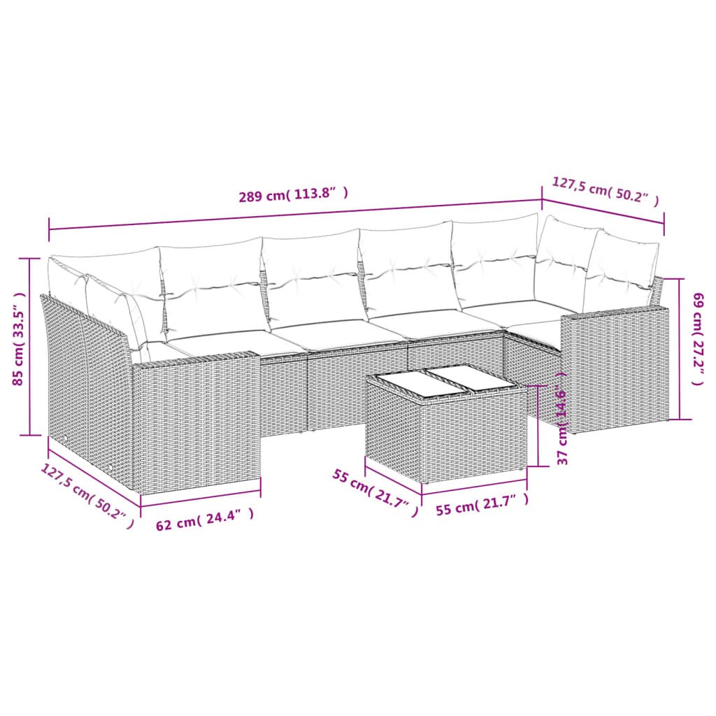 vidaXL 8 Piece Garden Sofa Set with Cushions Brown Poly Rattan