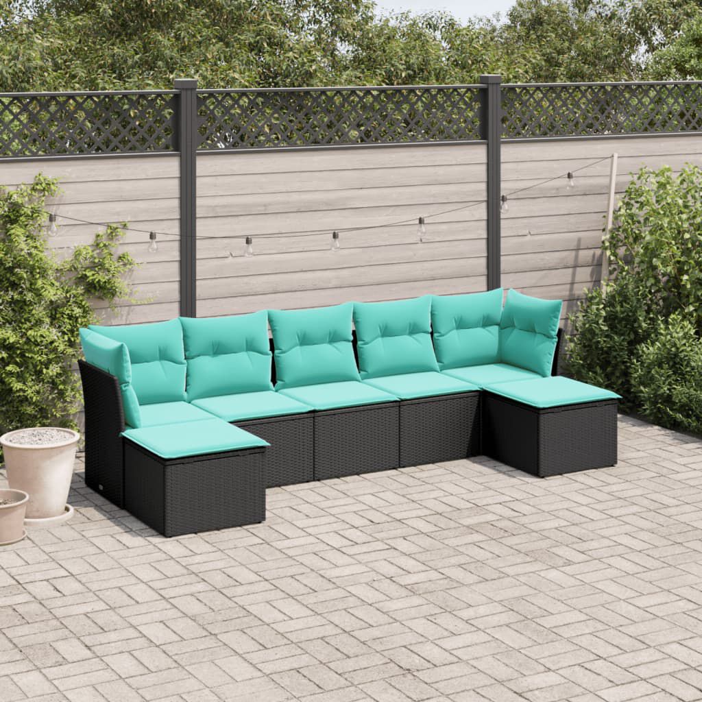 vidaXL 7 Piece Garden Sofa Set with Cushions Black Poly Rattan