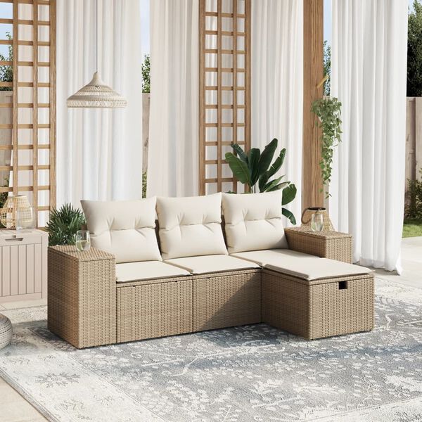 vidaXL 4 Piece Garden Sofa Set with Cushions Beige Poly Rattan