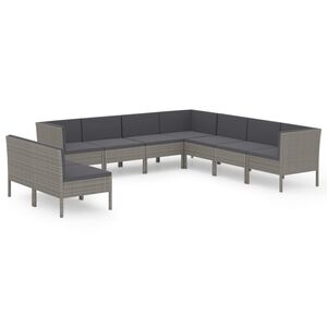 vidaXL 9 Piece Garden Lounge Set with Cushions Poly Rattan Grey