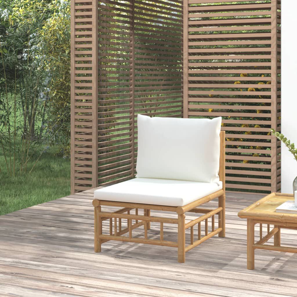 vidaXL Garden Middle Sofa with Cream White Cushions Bamboo
