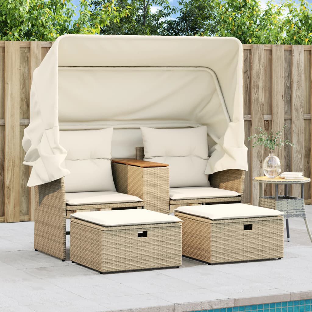 vidaXL Garden Sofa 2-Seater with Canopy and Stools Beige Poly Rattan