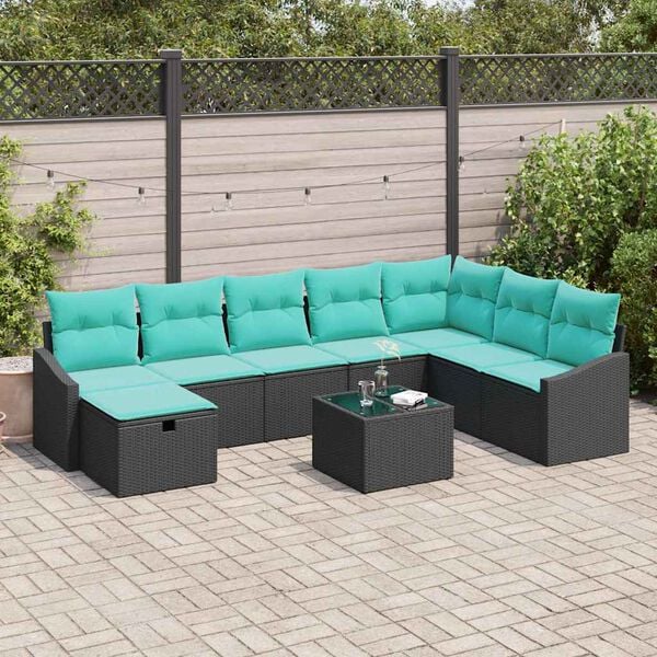 vidaXL Garden Sofa Set with Cushion 9 pcs Black Poly rattan