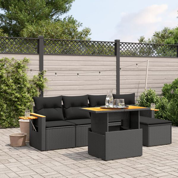 vidaXL 6 Piece Garden Sofa Set with Cushions Black Poly Rattan