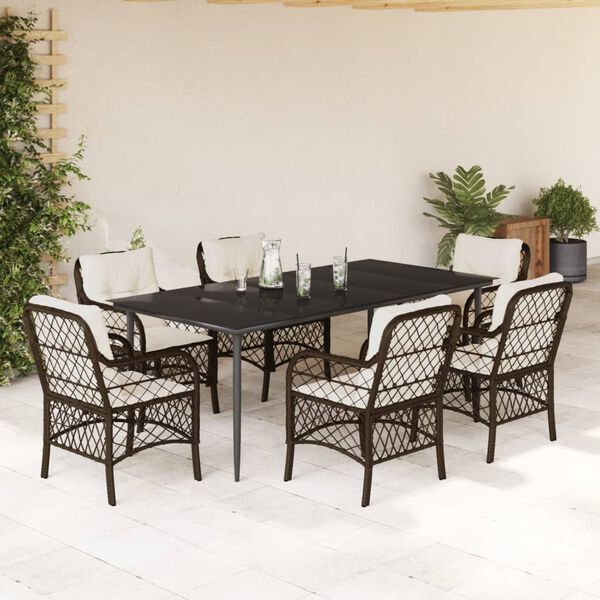 vidaXL 7 Piece Garden Dining Set with Cushions Brown Poly Rattan