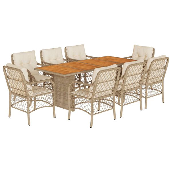 vidaXL 9 Piece Garden Dining Set with Cushions Beige Poly Rattan