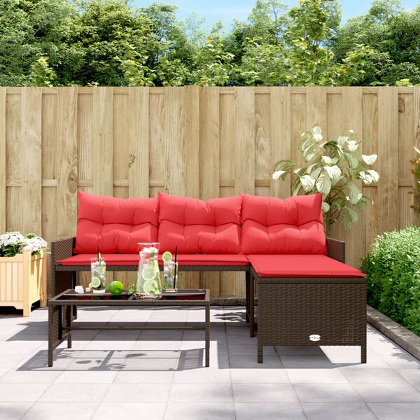 vidaXL Garden Sofa with Table and Cushions L-Shaped Brown Poly Rattan