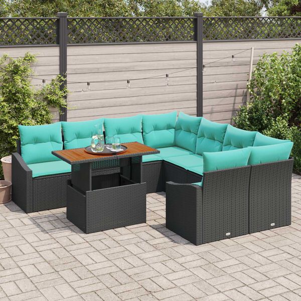 vidaXL 9 Piece Garden Sofa Set with Cushions Black Poly Rattan Acacia