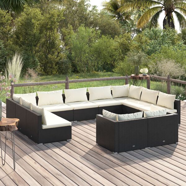 vidaXL 11 Piece Garden Lounge Set with Cushions Black Poly Rattan