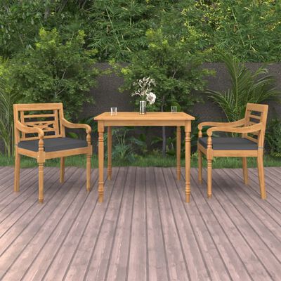 vidaXL 3 Piece Garden Dining Set with Cushions Solid Teak Wood