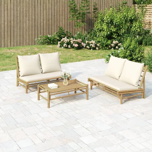 vidaXL 3 Piece Garden Lounge Set with Cream White Cushions Bamboo