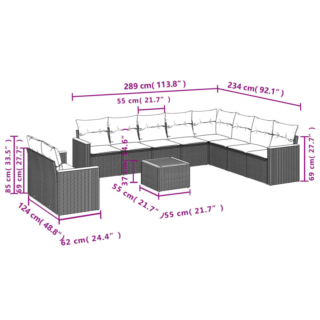 vidaXL 11 Piece Garden Sofa Set with Cushions Black Poly Rattan