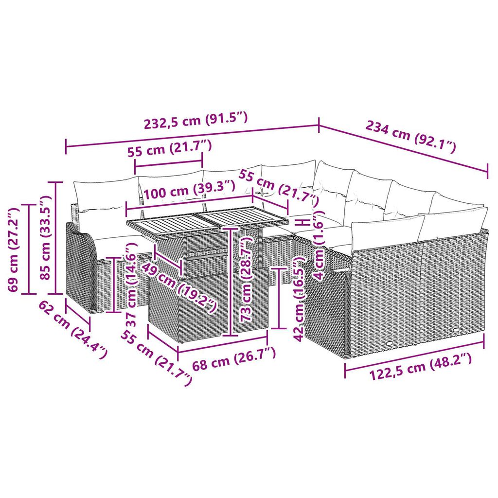 vidaXL 9 Piece Garden Sofa Set with Cushions Grey Poly Rattan Acacia