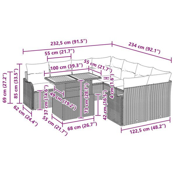 vidaXL 9 Piece Garden Sofa Set with Cushions Grey Poly Rattan Acacia
