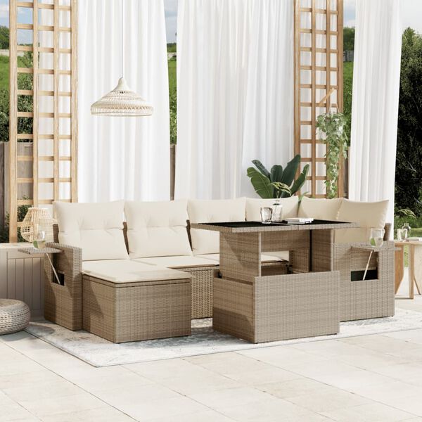 vidaXL 7 Piece Garden Sofa Set with Cushions Beige Poly Rattan