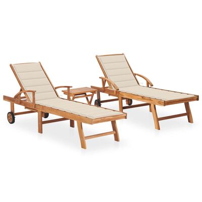 vidaXL Sun Loungers 2 pcs with Table and Cushion Solid Teak Wood