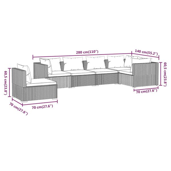vidaXL 6 Piece Garden Lounge Set with Cushions Poly Rattan Grey