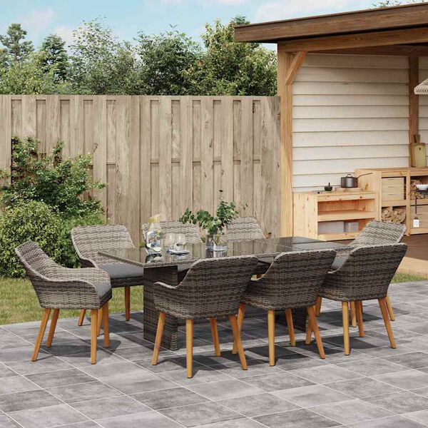 vidaXL Garden Dining Set with Cushion 9 pcs Grey Poly Rattan