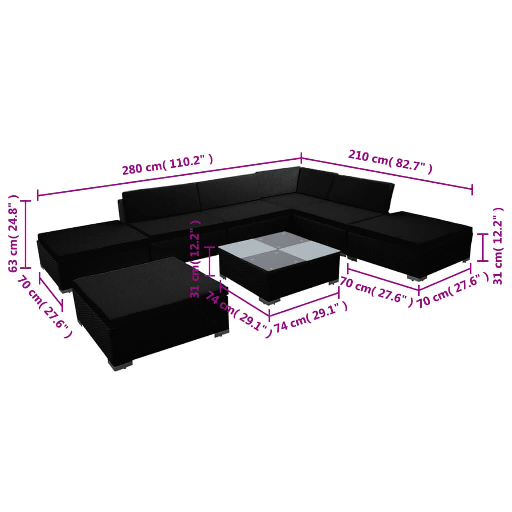 vidaXL 8 Piece Garden Lounge Set with Cushions Poly Rattan Black